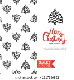 Christmas greeting card in scandinavian flat art style decorated by seamless pattern background. Inscription: merry christmas. Hand drawn vector template.