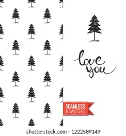 Christmas greeting card in scandinavian flat art style decorated by seamless pattern background. Inscription: love you. Hand drawn vector template.