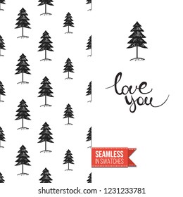 Christmas greeting card in scandinavian flat art style decorated by seamless pattern background. Inscription: love you. Hand drawn vector template.