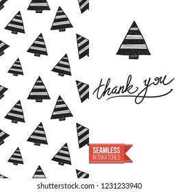 Christmas greeting card in scandinavian flat art style decorated by seamless pattern background. Inscription: thank you. Hand drawn vector template.