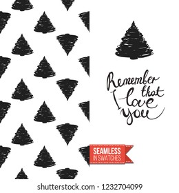 Christmas greeting card in scandinavian flat art style decorated by seamless pattern background. Inscription: remember that i love you. Hand drawn vector template.