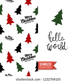 Christmas greeting card in scandinavian flat art style decorated by seamless pattern background. Inscription: hello world. Hand drawn vector template.