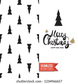 Christmas greeting card in scandinavian flat art style decorated by seamless pattern background. Inscription: merry christmas. Hand drawn vector template.