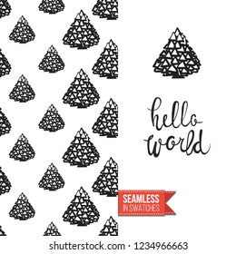 Christmas greeting card in scandinavian flat art style decorated by seamless pattern background. Inscription: hello world. Hand drawn vector template.