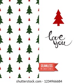 Christmas greeting card in scandinavian flat art style decorated by seamless pattern background. Inscription: love you. Hand drawn vector template.