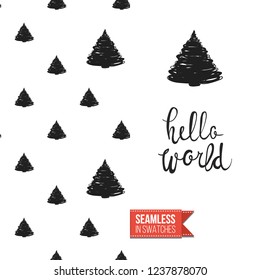 Christmas greeting card in scandinavian flat art style decorated by seamless pattern background. Inscription: hello world. Hand drawn vector template.