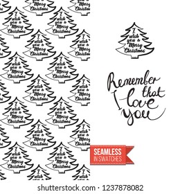 Christmas greeting card in scandinavian flat art style decorated by seamless pattern background. Inscription: remember that i love you. Hand drawn vector template.