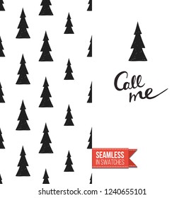 Christmas greeting card in scandinavian flat art style decorated by seamless pattern background. Inscription: call me. Hand drawn vector template.