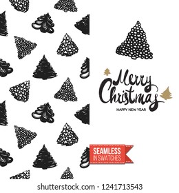 Christmas greeting card in scandinavian flat art style decorated by seamless pattern background. Inscription: merry christmas. Hand drawn vector template.