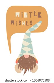 Christmas greeting card in scandinavian style. Cute gnome in retro style. Vector Illustration. Kids illustration for DIY, greeting card, wrapping paper. Lettering Winter wishes.