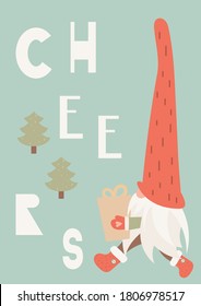 Christmas greeting card in scandinavian style. Cute gnome with gift  in retro style. Vector Illustration. Kids illustration for DIY, greeting card, wrapping paper. Lettering Cheers.