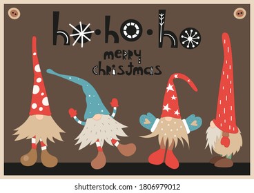 Christmas greeting card in scandinavian style with cute xmas gnomes. Vector Illustration. Kids illustration for DIY, greeting card, wrapping paper. Retro design. Lettering Ho-ho-ho Merry Christmas.