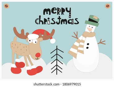 Christmas greeting card in scandinavian style with cute snowman and funny reindeer. Vector. Kids illustration for DIY, greeting card, wrapping paper. Retro design. Lettering Merry Christmas.