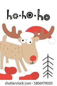 Christmas greeting card in scandinavian style with funny reindeer on white background. Colorful vector. Kids illustration for DIY, greeting card, wrapping paper. Lettering Ho-ho-ho.