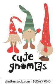 Christmas greeting card in scandinavian style with cute gnomes on white background. Vector Illustration. Kids illustration for DIY, greeting card, wrapping paper. Lettering Cute gnomes.