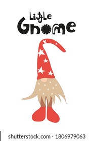 Christmas greeting card in scandinavian style with cute gnome on white background. Vector Illustration. Kids illustration for DIY, greeting card, wrapping paper. Lettering Little gnome.