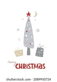 Christmas greeting card in Scandinavian style with red fir trees, gift boxes and stars. Xwas concept in red, gold and silver. Merry Christmas hand lettering sign. Vector illustration
