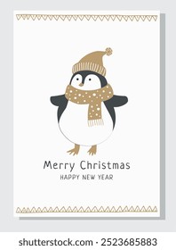 Christmas Greeting card in Scandinavian style. Christmas Penguin in pastel Black and Gold colors, Winter landscape Hand Drawn Merry Xmas illustration. Doodle and sketch vector elements