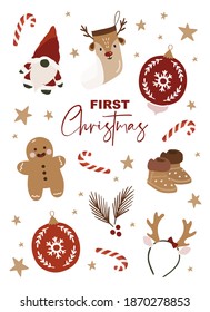 Christmas Greeting Card with Scandinavian winter elements. Merry holidays. Template for New 2021 Year, gift tag, calendar, Scrapbooking, Stickers, Planner, Invitations.