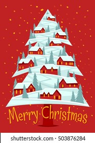 Christmas greeting card with scattering of rural red houses.