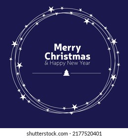 garabatos de tarjetas de felicitación de navidad dibujando estrellas de texto en círculo sobre fondo azul