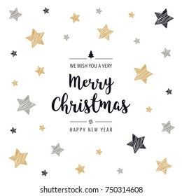 christmas greeting card scribble drawing text stars golden black white background