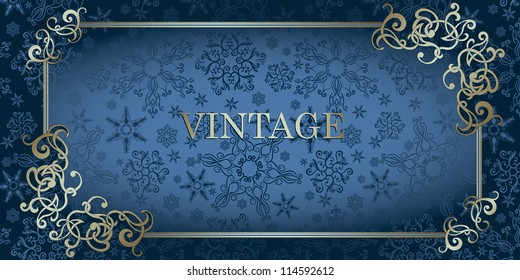 Christmas greeting card, seamless background, hand-drawn designed snowflakes. Golden-blue style