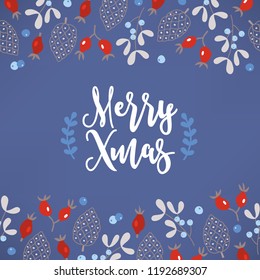 Christmas greeting card with seamless border - mistletoe, briar, cones, berries. Perfect for winter holidays