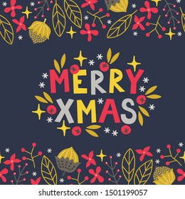 Christmas greeting card with seamless border - leaves, flowers, hazelnuts, stars, berries, snowflakes on dark background. Perfect for winter holidays and New Year decorations. Vector illustration