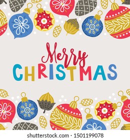 Christmas greeting card with seamless border - cones, hazelnut, balls, baubles, snow, snowflakes on beige background. Perfect for winter holidays and New Year decorations. Vector illustration