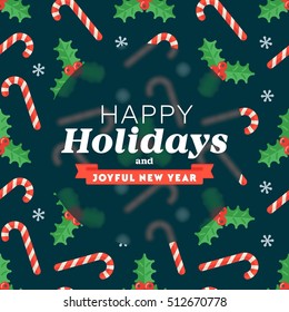 Christmas greeting card of seamless flat pattern with congratulations phrases. Xmas inscription on holiday background of traditional decoration elements in flat style.