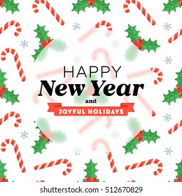 Christmas greeting card of seamless flat pattern with congratulations phrases. Xmas inscription on holiday background of traditional decoration elements in flat style.