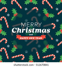 Christmas greeting card of seamless flat pattern with congratulations phrases. Xmas inscription on holiday background of traditional decoration elements in flat style.