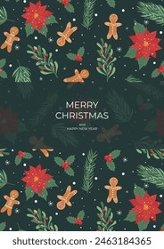 Christmas greeting card with Christmas seamless pattern with gingerbread man, Christmas star, winter botanical ornament. Vector template