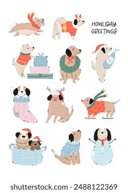 Christmas greeting card with set of adorable dogs in different costumes. Hand drawn illustration with funny animal characters.
