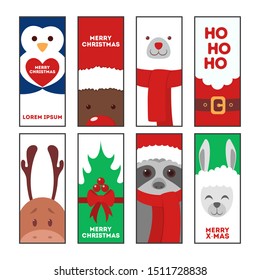 Christmas greeting card set. Animal in Santa Claus hat, holiday decoration. Isolated vector illustration in flat style