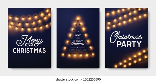 Christmas greeting card set. Backgrounds with Christmas lights and decorations.