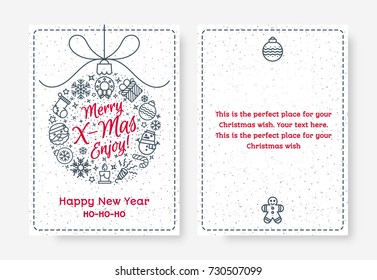 Christmas greeting card set with ball consisting sign Merry X mas enjoy and holiday icons - snowflake, santa, gift on snow holiday background gradient style. Vector Illustration