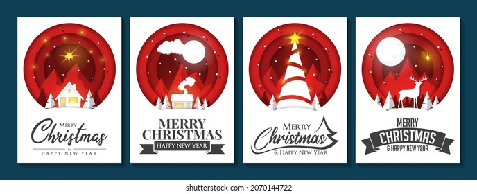 Christmas greeting card set collection papercut festive luxury modern design. Merry Christmas and Happy New Year, Holiday trendy illustration. Artistic lettering calligraphy typography text postcard.