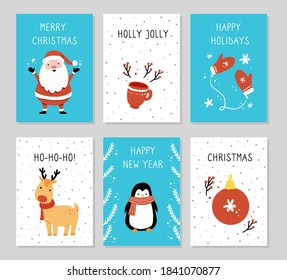 .Christmas greeting card set design with cartoon Santa Claus, snowman, reindeer, penguin, hand drawn design elements, Merry Christmas text.