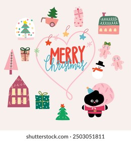 christmas greeting card, Set of Christmas element , cute stickers, Christmas tattoo, 2025, happy Christmas, cute bear