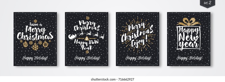 Christmas greeting card set with emblem gold style consisting sign Merry Christmas, Happy New Year with santa and deer, sunburst on snow holiday background black color. Vector Illustration