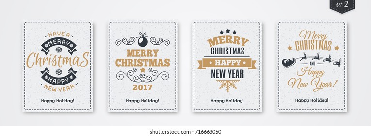 Christmas greeting card set with emblem gold style consisting sign Merry Christmas with santa and deer, christmas tree, snowflake on white snow holiday background. Vector Illustration