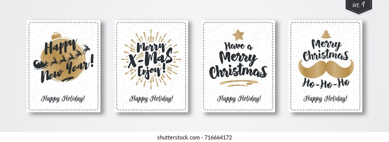 Christmas greeting card set with emblem gold style consisting sign Happy New Year, Merry Christmas with santa and deer, mustache, star on white snow holiday background. Vector Illustration