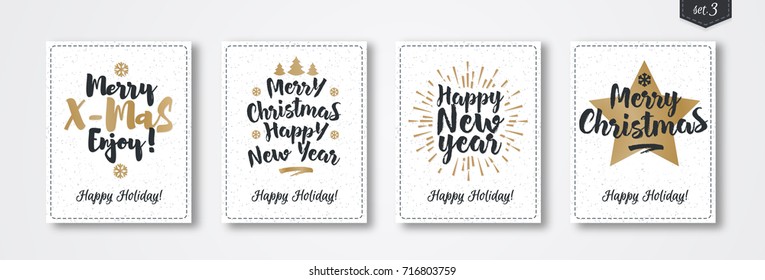 Christmas greeting card set with emblem gold style consisting sign Happy New Year, Merry Christmas with star, sunburst, christmas tree on white snow holiday background. Vector Illustration