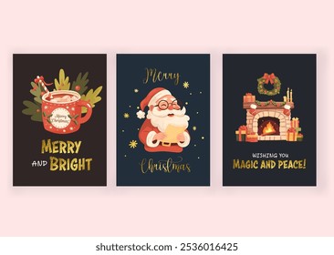 Christmas greeting card set . Gold lettering, greeting post.