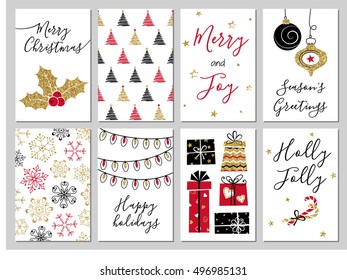 Christmas greeting card set. Gold, black, red, white colors. Gift tags with gold glitter texture. Snowflakes and Christmas tree patterns.