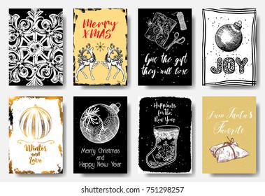 Christmas greeting card set. Gold, black, red, white colors. Gift tags with gold texture. Merry X-MAS, Give the gift they will love, JOY, Winter and Love, Happiness for NY, I am Santa's favorite. 