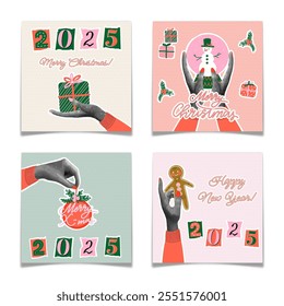 Christmas greeting card set. Halftone hands holding gift box, snowman, Christmas ball, gingerbread man. Trendy retro banner. New Year postcard with collage. Paper magazine numbers. Vector illustration