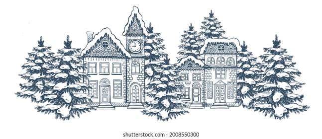 Christmas Greeting card  Set hand drawn buildings and fir tree  Illustration houses 